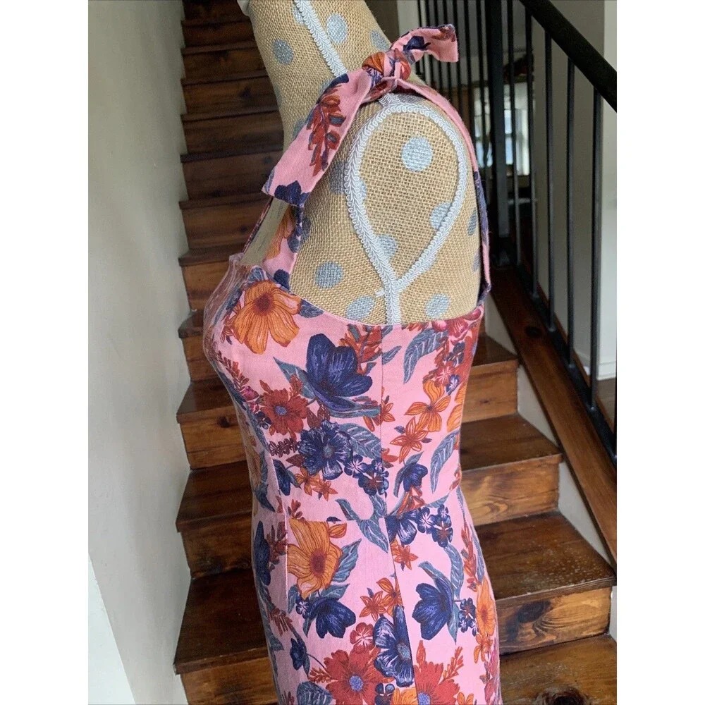 Finders Keepers Floral Twee Mini Dress Pink Linen Blend Square Neck Small Summer - Picture 7 of 16